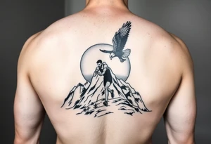 small image of a runner, tackling a mountain with a sunset background and an eagle looking over him. in black and white. tattoo idea