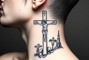 Traditional orthodox ICXC Christian cross with Jesus Christ on the cross also with the slanted part of the cross where christs feet were nailed in a Russian wilderness Kremlin setting tattoo idea