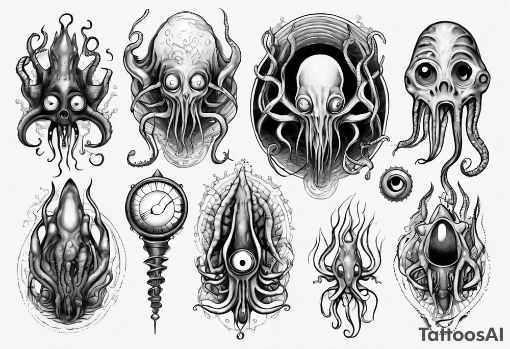 lovecraft them with eye on hand and tentacle on finger tattoo idea