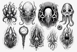 lovecraft them with eye on hand and tentacle on finger tattoo idea