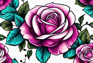 Vertical Pink and purple roses with teal leaves tattoo idea