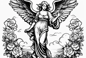 Simple Angel statue stood on a rock with daffodils and roses wrapped around its legs tattoo idea