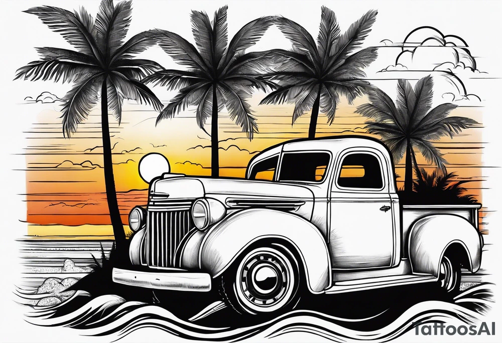 Beach theme, palm trees,waves, sunset, classic truck, marijuana leaf tattoo idea Beach theme, palm trees,waves, sunset, classic truck, marijuana leaf tattoo idea