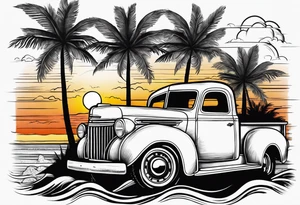 Beach theme, palm trees,waves, sunset, classic truck, marijuana leaf tattoo idea