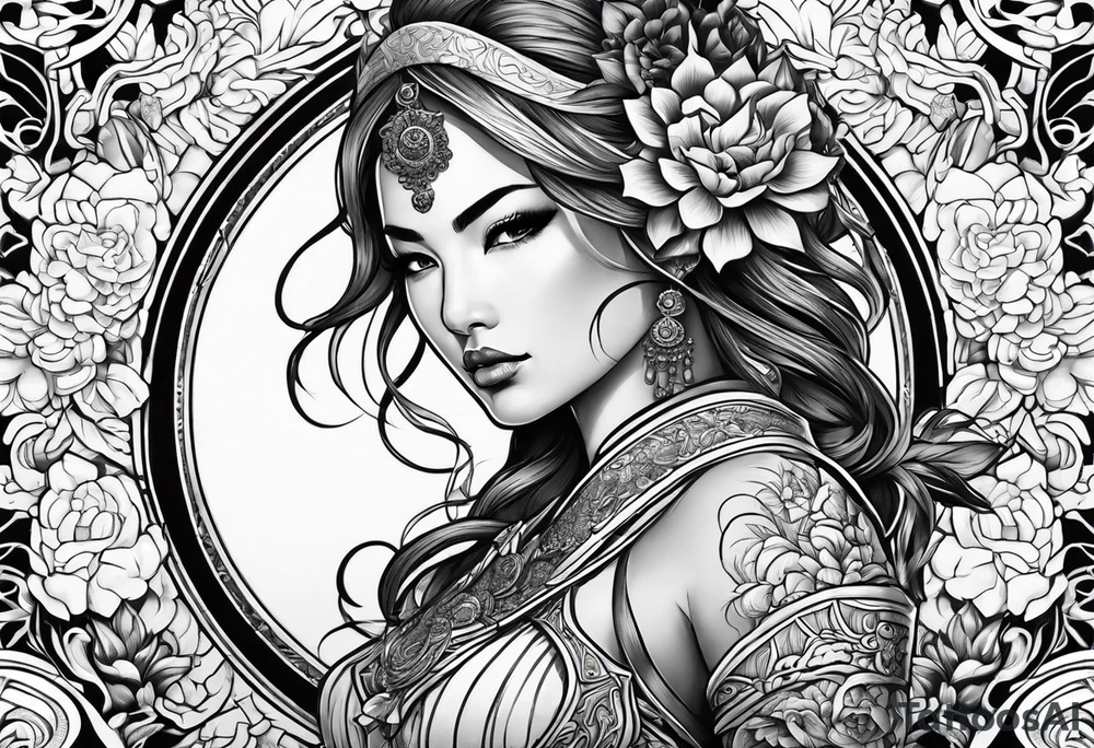 ornate beautiful woman warrior with weapon & floral arch background tattoo from head to torso tattoo idea
