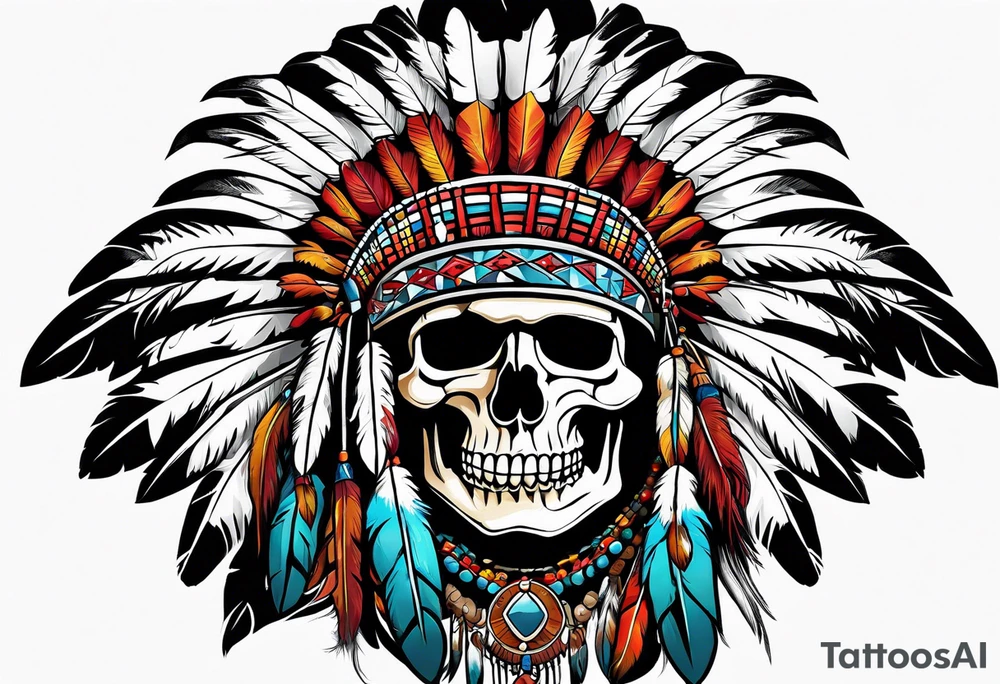 Native American bonnet war chief skull tattoo idea