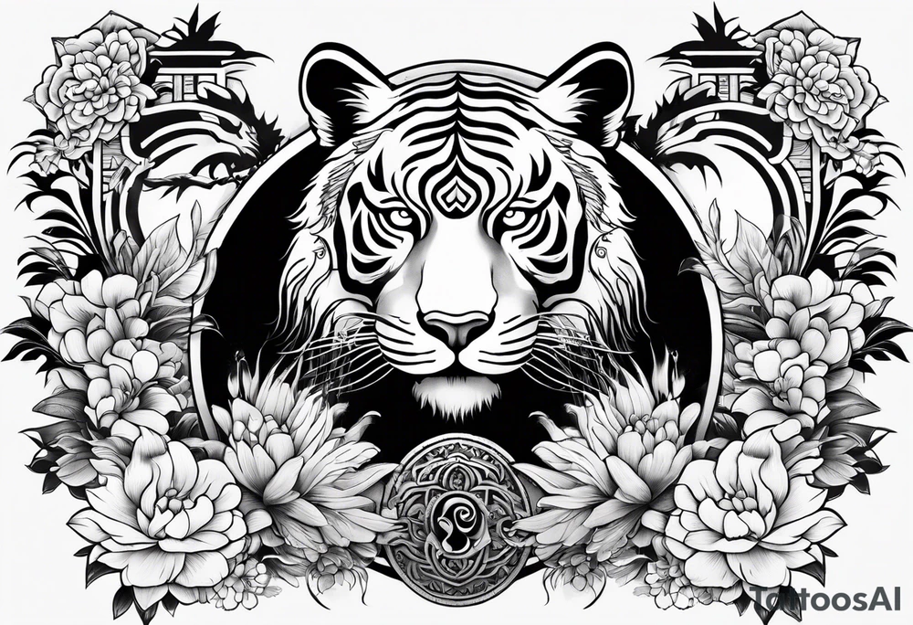 Japanese traditional style black and white Hamsa with tiger and crane tattoo idea