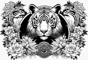 Japanese traditional style black and white Hamsa with tiger and crane tattoo idea