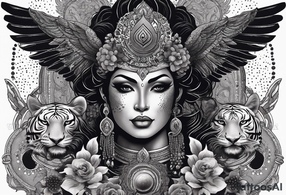 black kali, goddess pirate, alien, angel, pachamama, valkrye, warrior, flying, skull, lotus azul, wing, eagle, zenza resonance, stars, 5D, anahata chakra, death, durga, riding on a tiger, flying lady, kundalini, chest tatoo, samuri, rebel, serpent tattoo idea
