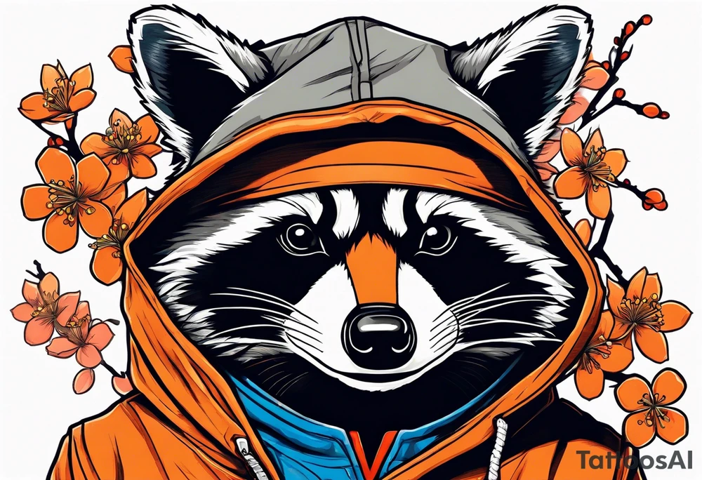 raccoon wearing a Superman hoodie with orange cherry blossoms tattoo idea
