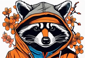 raccoon wearing a Superman hoodie with orange cherry blossoms tattoo idea