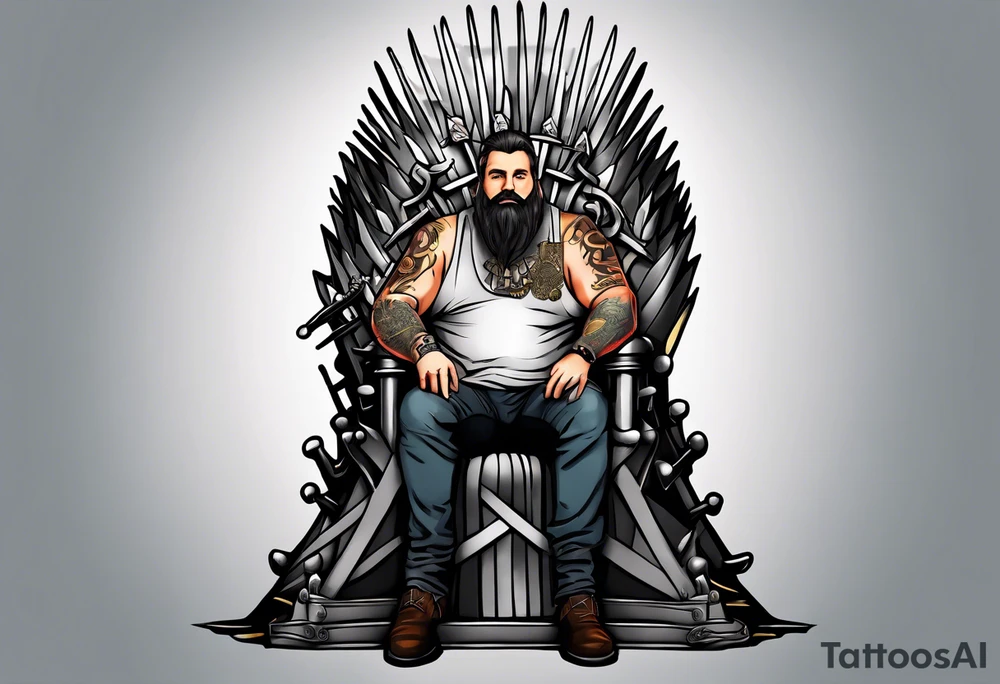 Large man carrying bags of money to a thin German man sitting on an iron throne tattoo idea