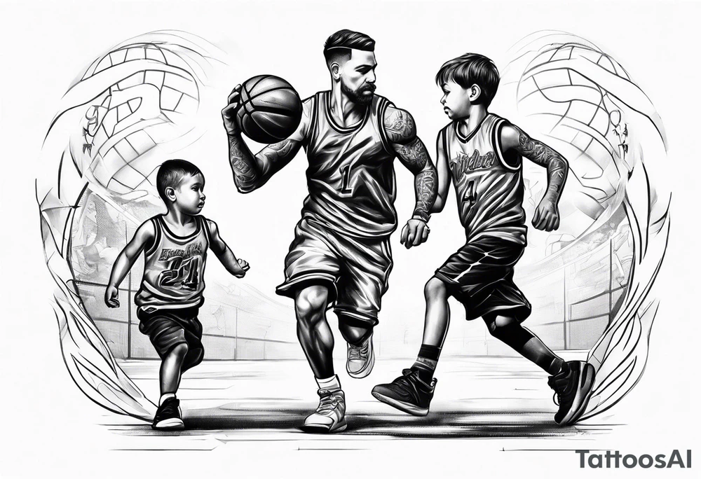 Dad playing basketball with 2 kids tattoo idea