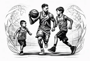 Dad playing basketball with 2 kids tattoo idea