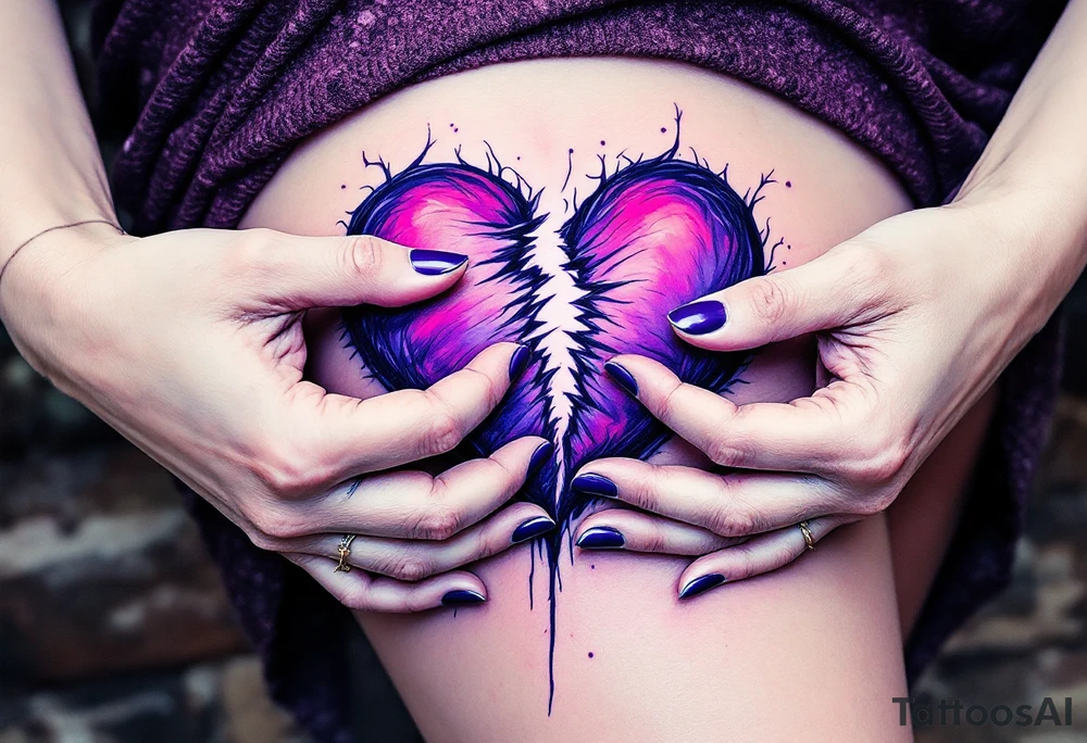 A heart being torn apart by two hands, colored in deep purples and blues, symbolizing heartbreak and struggle. tattoo idea