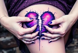 A heart being torn apart by two hands, colored in deep purples and blues, symbolizing heartbreak and struggle. tattoo idea