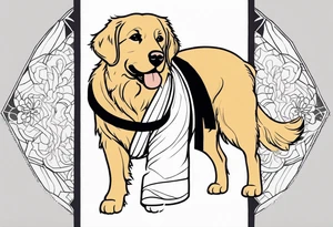 a golden retriever in a kimono full body view wearing a black karate belt tattoo idea