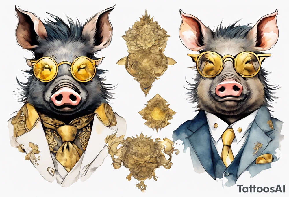 a wild boar wearing gold spectacles tattoo idea
