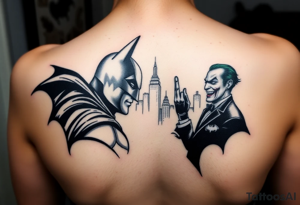 Batman facing off with the joker in Gotham city with bat signal shinning tattoo idea