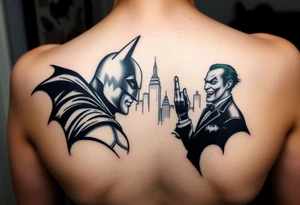 Batman facing off with the joker in Gotham city with bat signal shinning tattoo idea