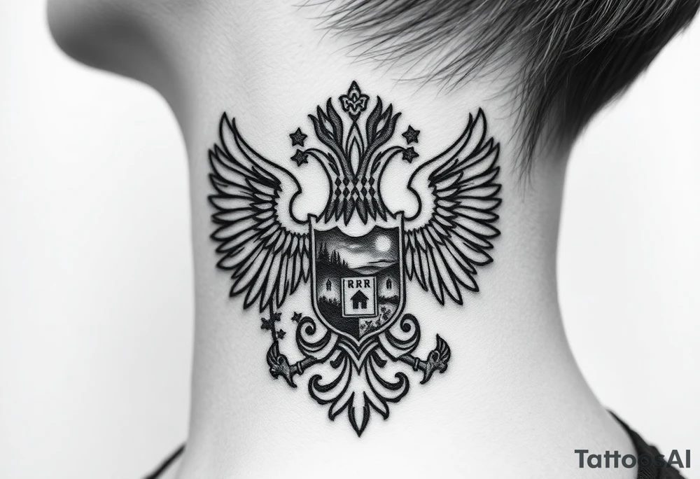 Traditional authentic Russian coat of arms with double headed eagle & a well shaded Christian orthodox virgin marry crest in the middle with silhouette of a lake in a Russian wilderness Christian orthodoxy dome church village setting on the side of my neck tattoo idea