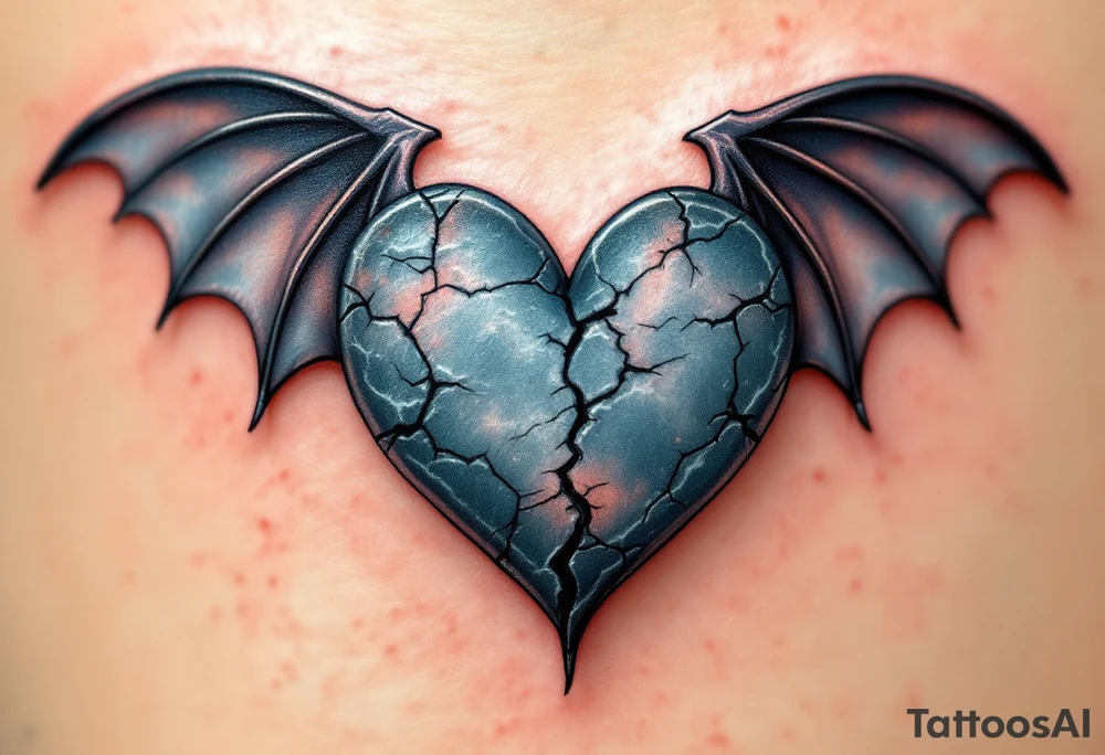 A heart with bat wings, cracked like old stone, symbolizing loneliness and independence. tattoo idea