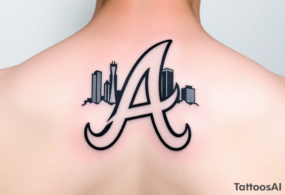Atlanta Braves letter logo “A” overlapping a 3D Atlanta skyline behind the logo tattoo idea