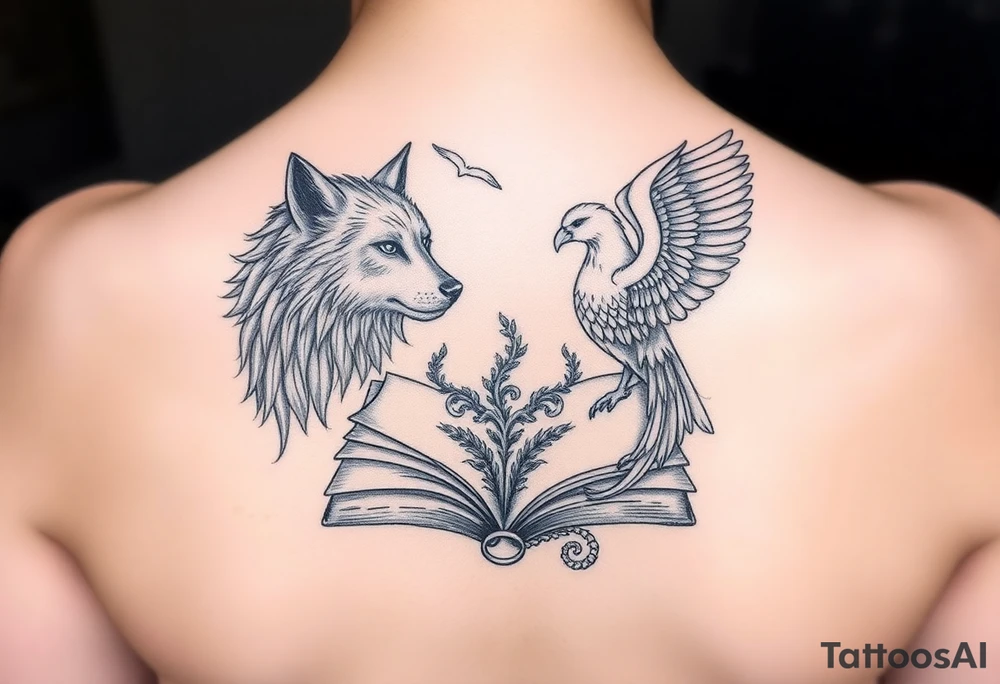 An open book with a werewolf, owl, dragon & phoenix above it tattoo idea