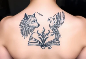 An open book with a werewolf, owl, dragon & phoenix above it tattoo idea