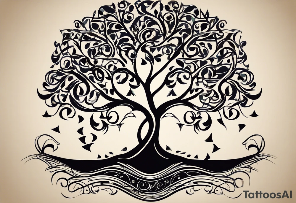 A tattoo design that incorporates the following elements: an abstract tree of life that has roots emerging  from the ground. Waves of water wrap around the tree in a non symmetrical design.  Incorporate musical notes into the tree. the letters U and A are overlapping and engraved into the tree. A golf flag incorporated but not prominent tattoo idea