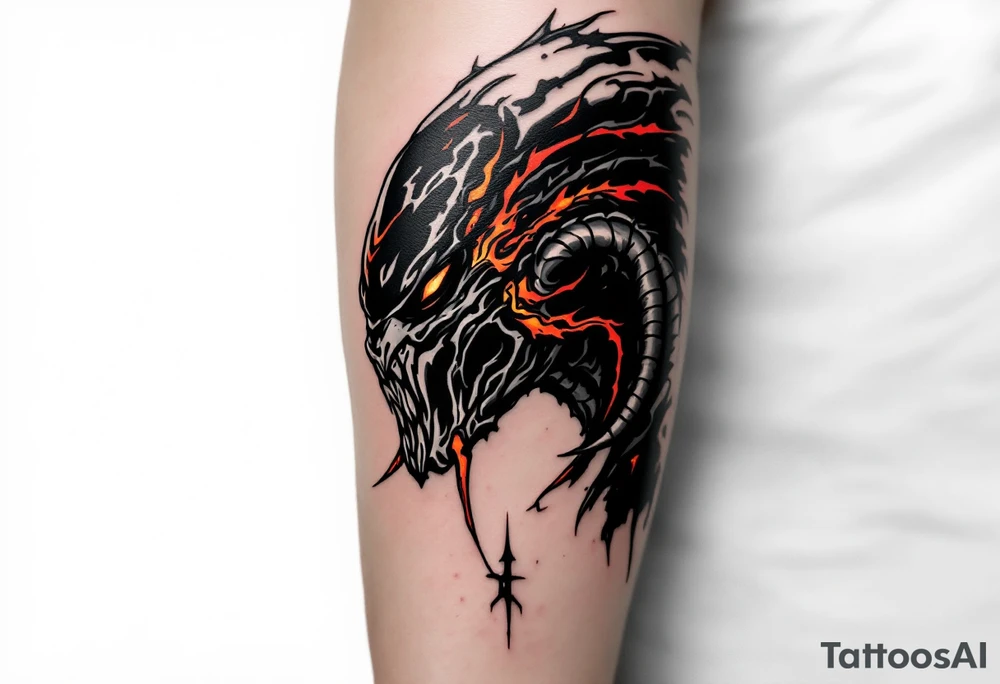 Lava Hunter Predator – A rare Yautja evolved for extreme volcanic worlds, with blackened, obsidian-like skin, magma-colored tribal scars, and a heat-resistant bio-mask with a reinforced breathing system. tattoo idea
