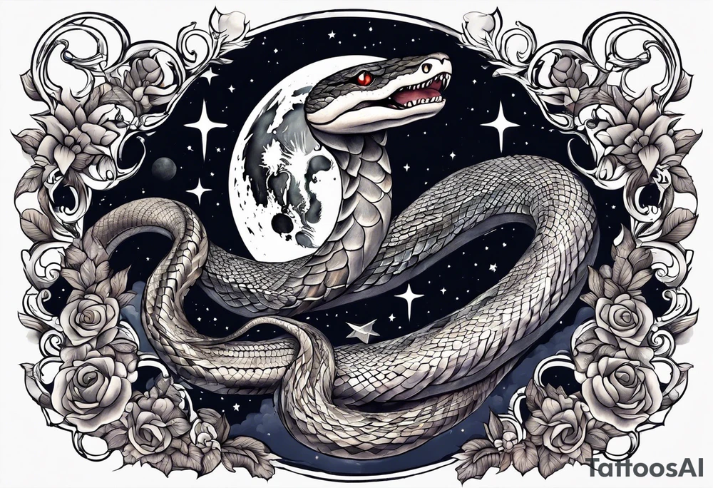 Lucifer (half snake) wraps the moon in the night sky tattoo idea