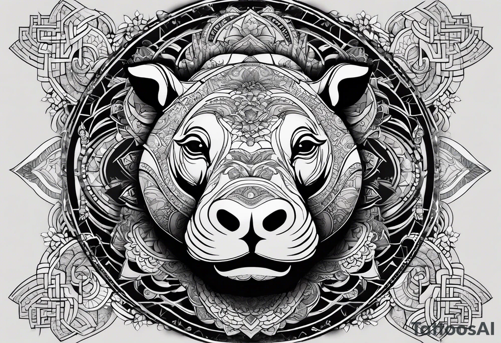 Very asymmetrical, +geometric pattern, with realistic full moon, with serious looking hippo, +zen feel, + Buddhism touch, +tribal, +geometric, +inkart 
with wintersweet flower bud, +portrait orientation, +inkart touch, tattoo idea
