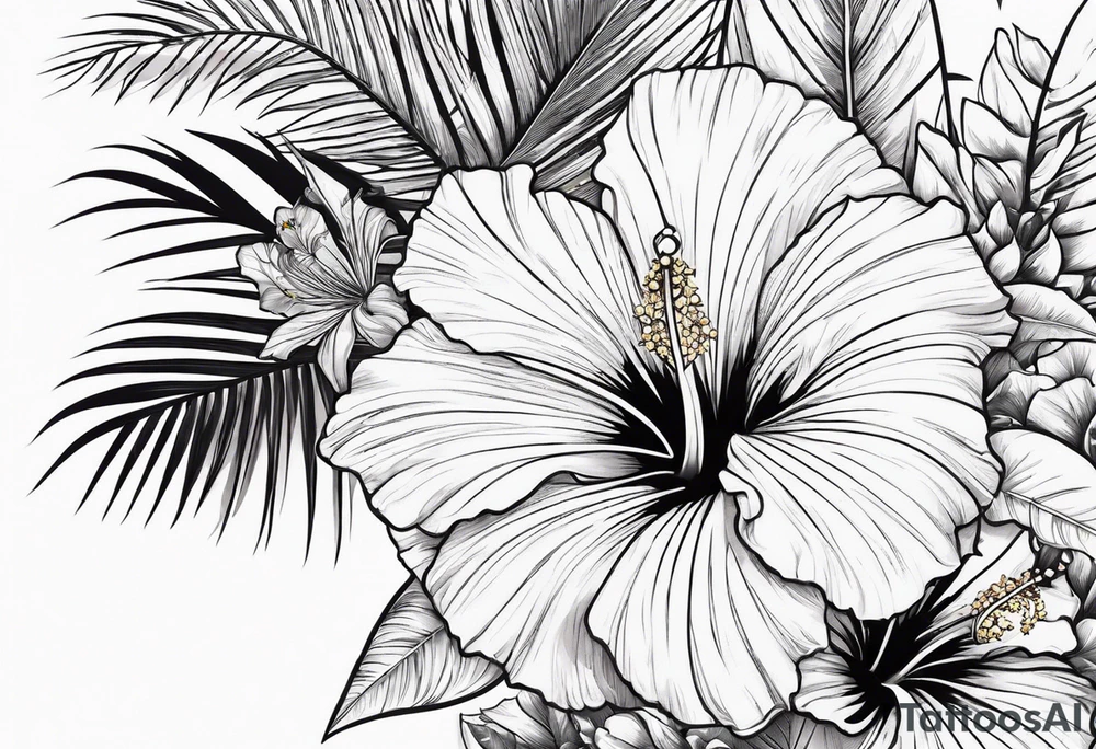 Hibiscus is very tropical with palm trees, tiger, surrounded with flowers tattoo idea