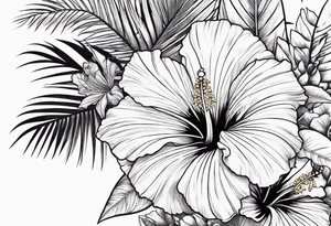 Hibiscus is very tropical with palm trees, tiger, surrounded with flowers tattoo idea