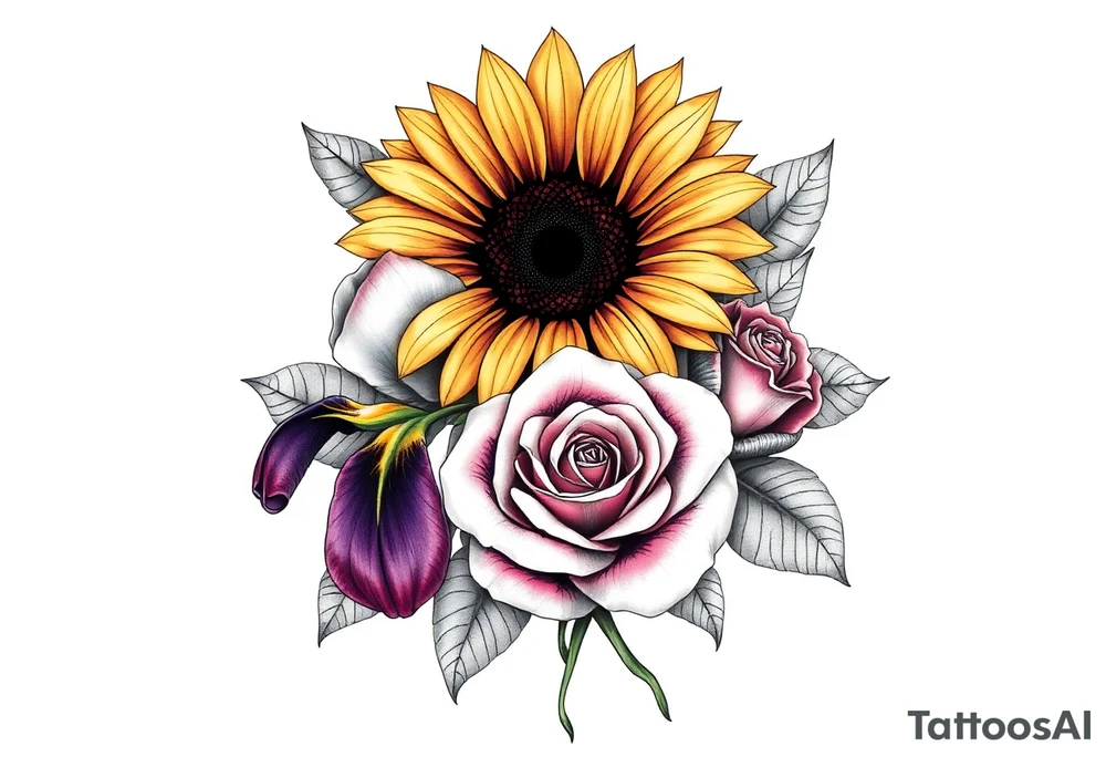 Sunflower,iris and a Rose flowers tattoo idea
