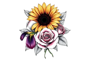 Sunflower,iris and a Rose flowers tattoo idea