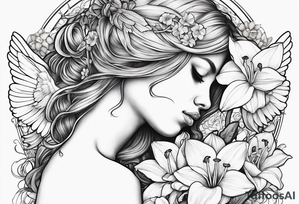 sad angel from behind with head down and face covered by her hair surrounded by lily, daffodil, rose, daisy, narcissus holding a hummingbird tattoo idea