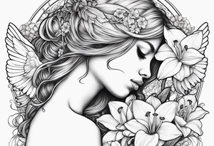 sad angel from behind with head down and face covered by her hair surrounded by lily, daffodil, rose, daisy, narcissus holding a hummingbird tattoo idea