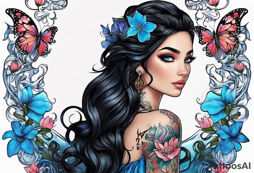 Black hair, ocean blue eyes aphrodite with hearts and water lilies surrounded with butterflies around with names “Zane”, “Nate”, “Jaiden” tattoo idea