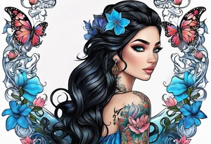 Black hair, ocean blue eyes aphrodite with hearts and water lilies surrounded with butterflies around with names “Zane”, “Nate”, “Jaiden” tattoo idea