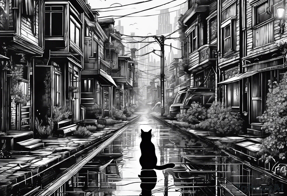post apocalipse city, with cat, rain tattoo idea