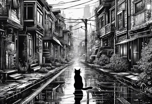 post apocalipse city, with cat, rain tattoo idea