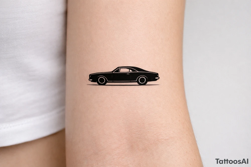 Blackwork silhouette of a vintage muscle car on forearm. tattoo idea