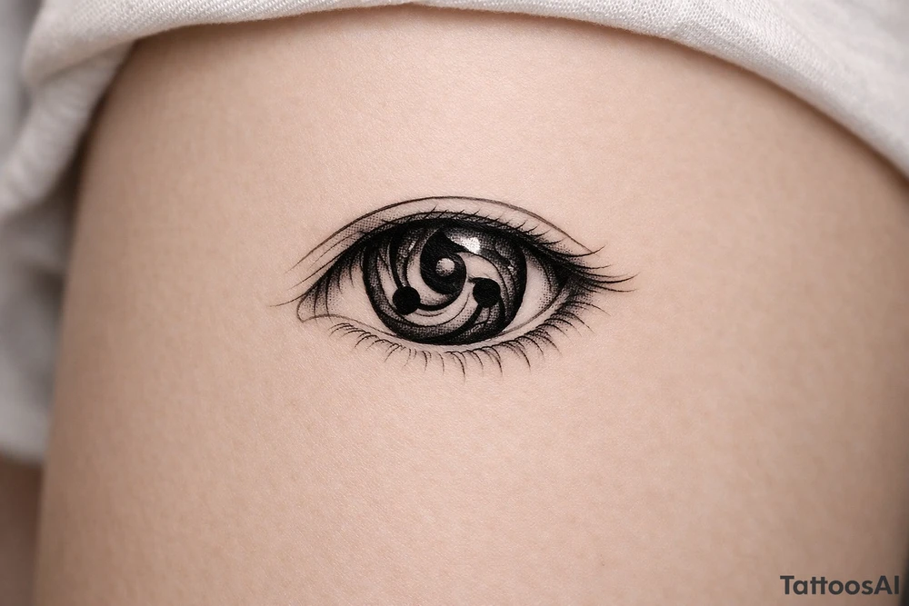 Detailed sharingan eye with swirling tomoe, black ink realism. tattoo idea