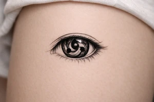 Detailed sharingan eye with swirling tomoe, black ink realism. tattoo idea