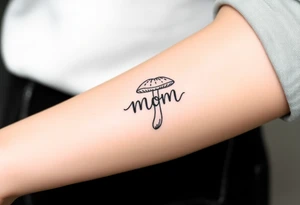 Mushroom with word mom on it with gnome on top tattoo idea
