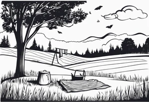 Very light and minimalstic picnic scene on meadow. A blanket, picnic-basket with lid, pennants in two trees. Thin lines. tattoo idea
