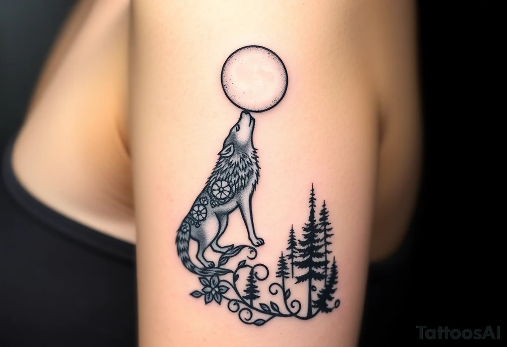 Lone wolf howling at the moon in the forest in the night tattoo idea