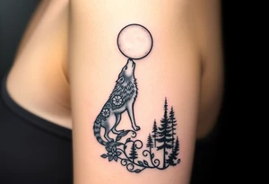 Lone wolf howling at the moon in the forest in the night tattoo idea